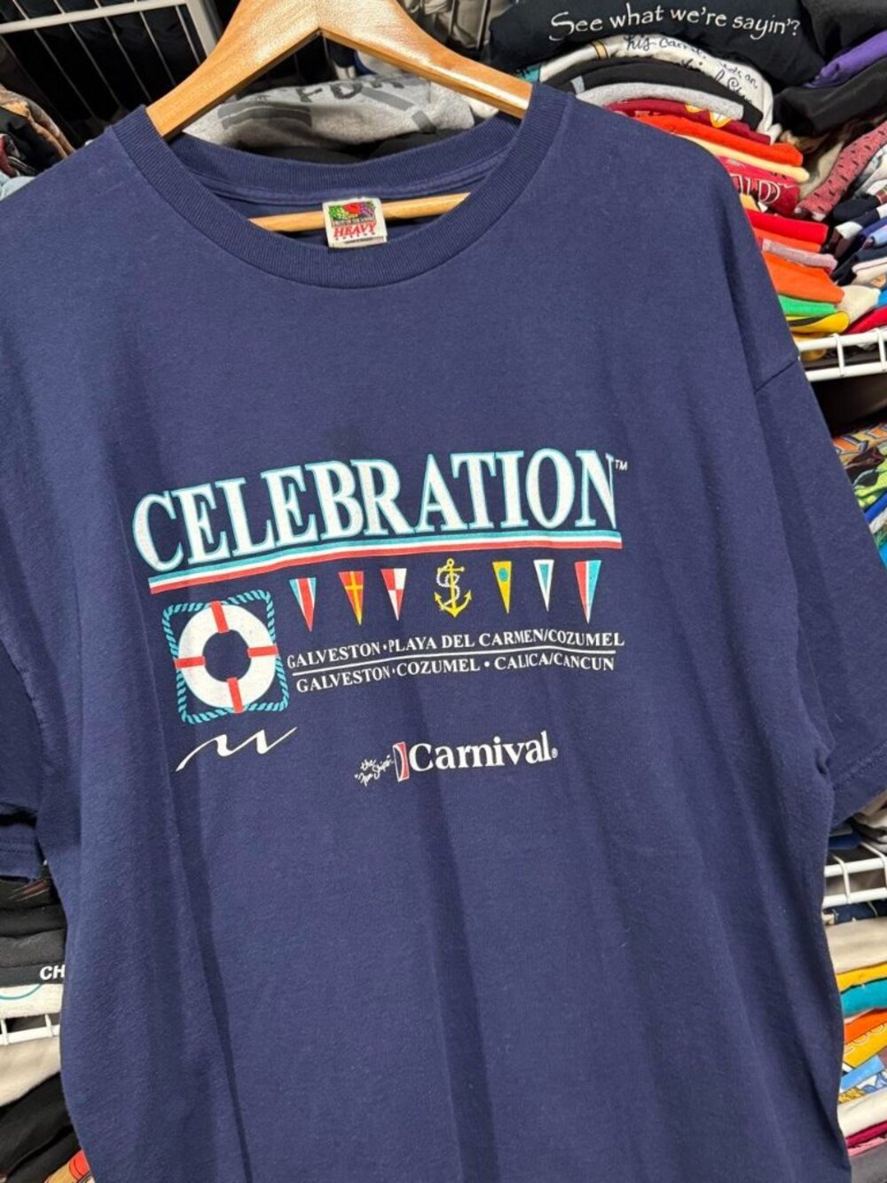 Vintage carnival cruise celebration pennant flag graphic t shirt navy